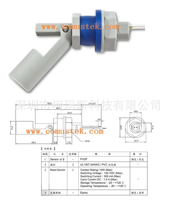 COMUS鸭嘴侧装型耐高温耐酸碱PVDF铁氟龙浮球开关，液位开关