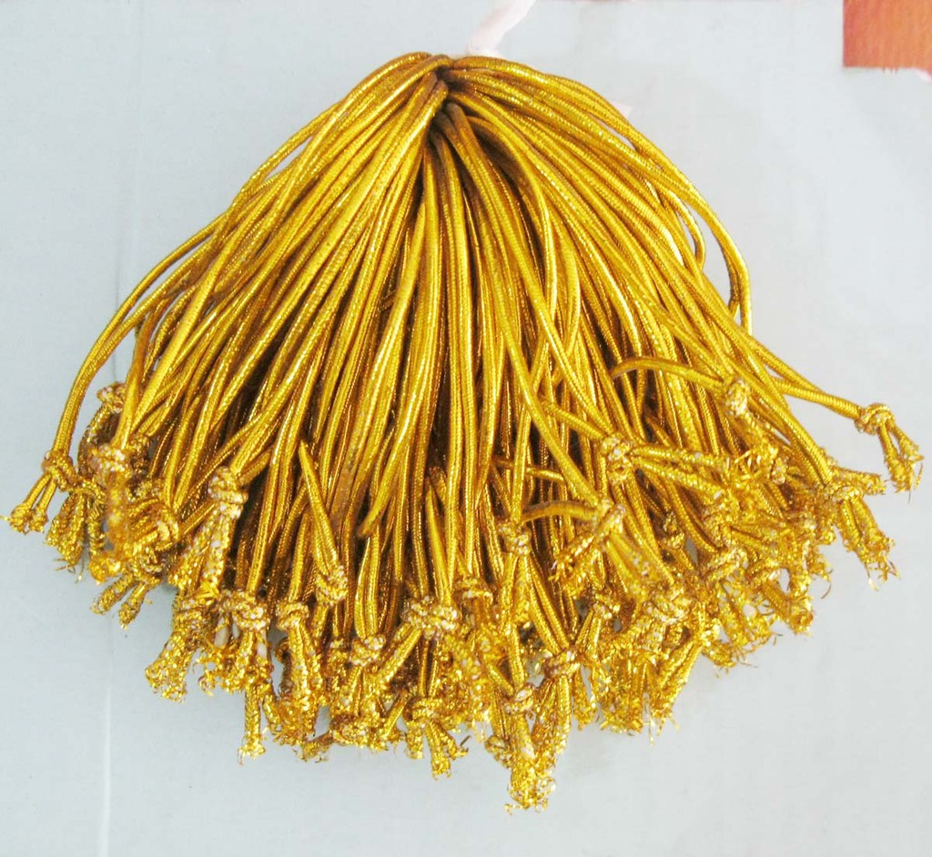 供应1MM金色松紧绳，5.5CM弹力金线打结、礼品包装绳  饮料瓶挂绳