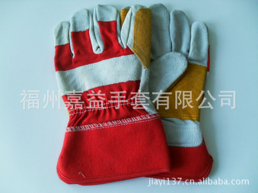 牛二层皮红布胶袖掌心加托手套