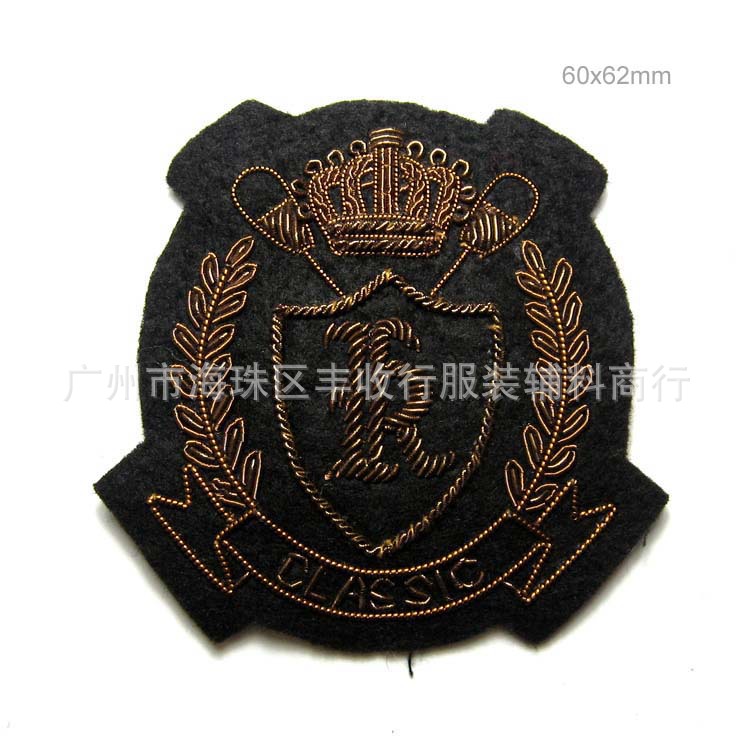 休闲服经典款英伦风格印度丝绣花章 咖啡色与金色印度丝刺绣徽章