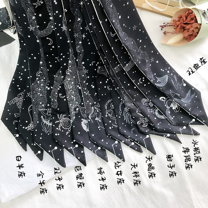 Corea del Sur versátil estrecha bufanda larga bufanda corbata de cinta decorativa banda para el cabello 12 constelaciones pequeña bufanda femenina primavera y otoño