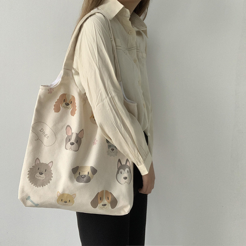 Bolso de lona con ilustración de perro, nuevo estilo, bolso de lona, ​​bolso de hombro retro para mujer, versión coreana Harajuku, bolso ulzzang ins