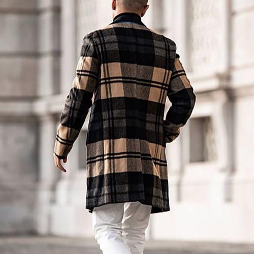 外贸ebay欧美男士秋季2024新款 休闲格子毛呢外套中长款大衣外套