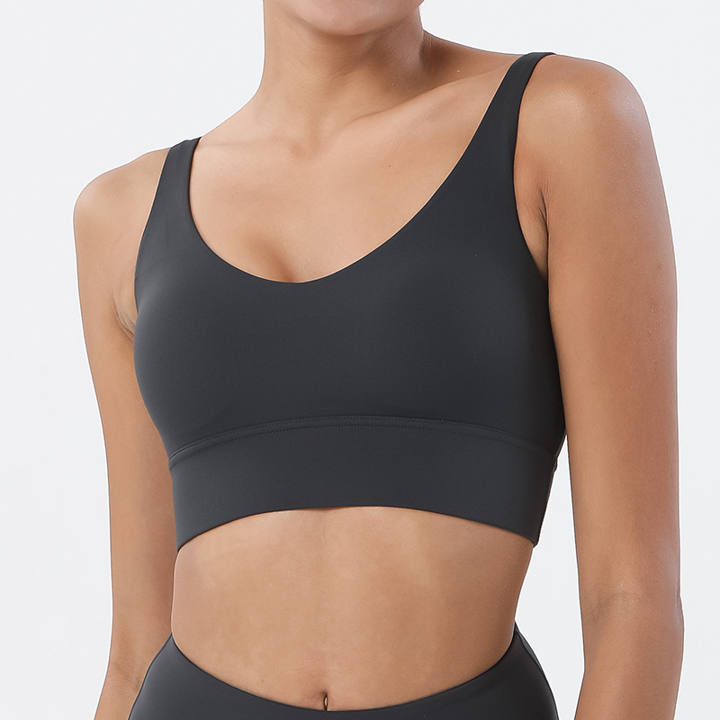 Desnudo sensación de diamante de doble cara abrasión profunda V belleza de espalda ropa interior deportiva antichoque poliestireno bra deportivo chaleco de fitness
