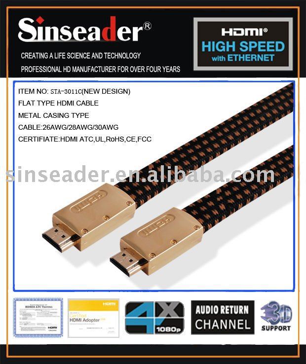 供应1.4版本 HDMI 扁线， 铝合金，Flat HDMI M/M CABLE,支持4K