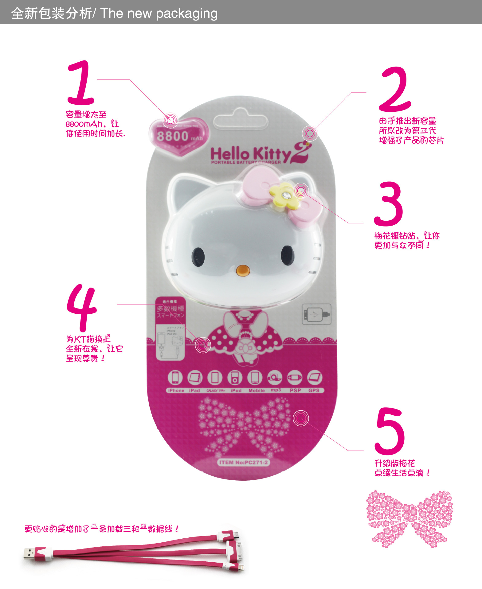 厂家直销 新款二代8800MAH KT电池 梅花蝴蝶结移动电源 大量出货，随机发货4