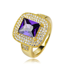民族风饰品 超闪彩钻紫水晶戒指S925纯银镀黄金戒指 女 外贸银饰