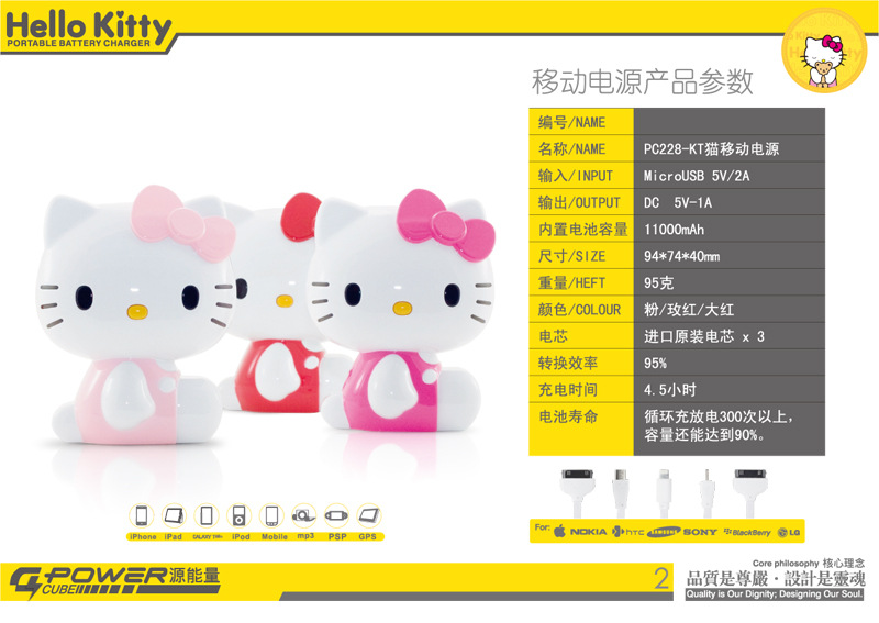 厂家直销 Hello kitty充电宝11000毫安 iphone4S/5三星通用型电源,随机发货3