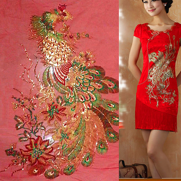 3mm珠片+彩色金银线单只凤凰 网底绣花 春夏时装面料 厂家直销