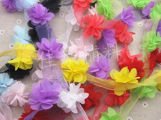 5叶立体雪纺小花朵花边 10色可爱小花串 DIY手工服饰辅料 4CM