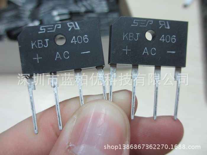 直插件整流桥堆 扁桥 KBJ406 4A 600V 单排 SIP-4 4脚 全新原环
