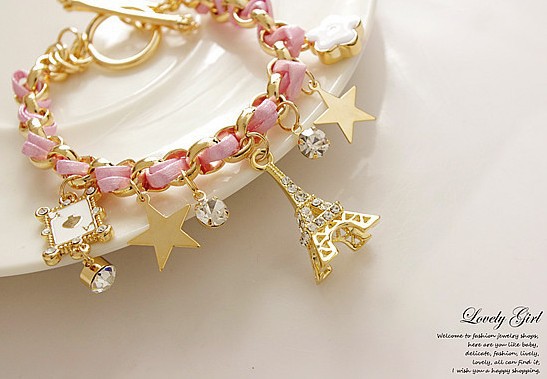 新款星星花朵桃心扑克牌皮绳埃菲尔铁塔水晶手链3