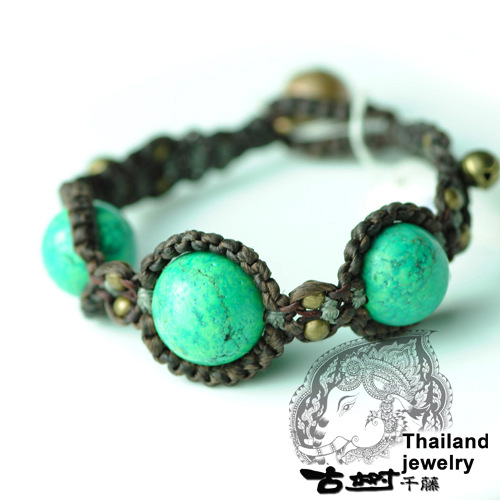 原创设计泰饰-绿松石 铜珠 手工蜡绳编织手链