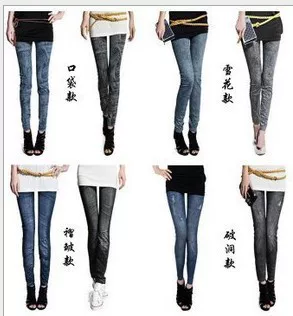 Elastic denim-look leggings women, Korean seamless printed stretch, snowflake and pocket styles