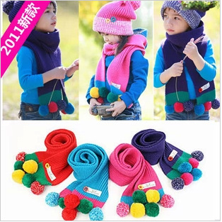 韩版男童女童套帽纽扣球球彩色帽子围巾保暖套装儿童帽子围巾套装