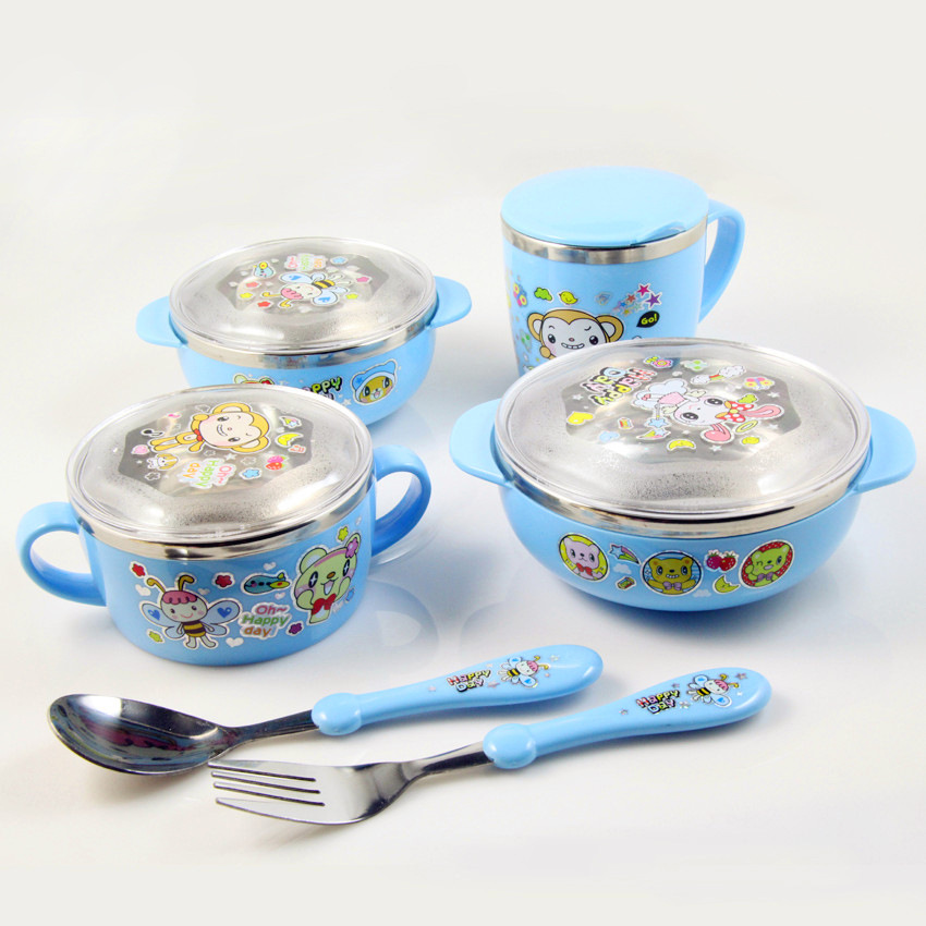 韩式儿童不锈钢餐具 婴幼儿餐具不锈钢碗勺子杯子宝宝餐具6件套|ms