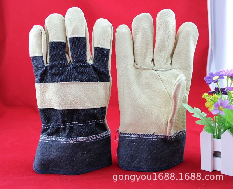 牛仔布牛皮头层家私皮浅色劳保防护手套焊工手套耐磨短款半皮手套