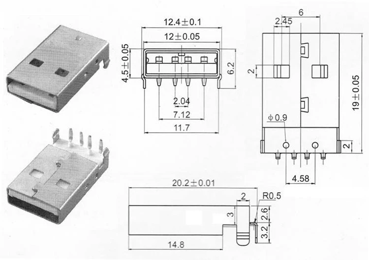 USB разъем белый A-голова A-голова A-голова 90-градусная панель сварки на ножке прямой ввод