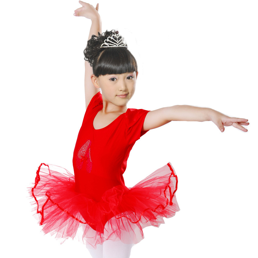 批發新款兒童舞蹈少兒芭蕾舞練功服蓬蓬紗裙短袖鑲鑽女童跳舞服裝