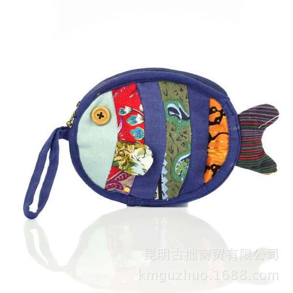 Ethnic Embroidered Fish Wallet, Small Hand-Loop Cloth Bag, Cotton, 10×15 cm