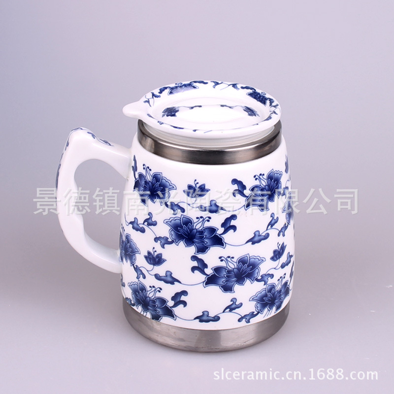 创意新款景德镇青花瓷马克杯 304不锈钢陶瓷保温杯定制商务礼品
