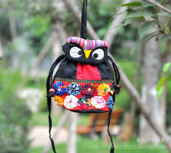 梅花猫头鹰收口桶包手提斜挎两用布包