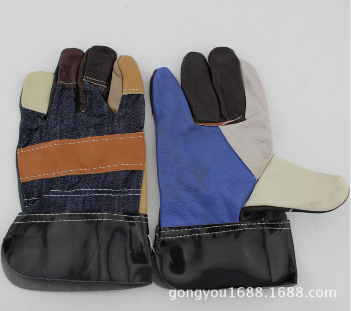 泡革筒口牛仔布七彩家私分掌半皮电焊手套劳保防护皮手套现货焊工