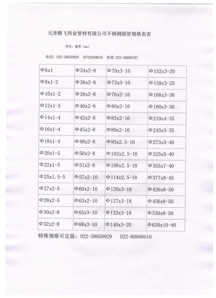 腾飞伟业规格表