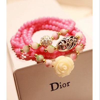 H017 Hawaii Flowers Holiday section 5 laps multilayer Pottery Pink Powder crystal Bracelet Hand string