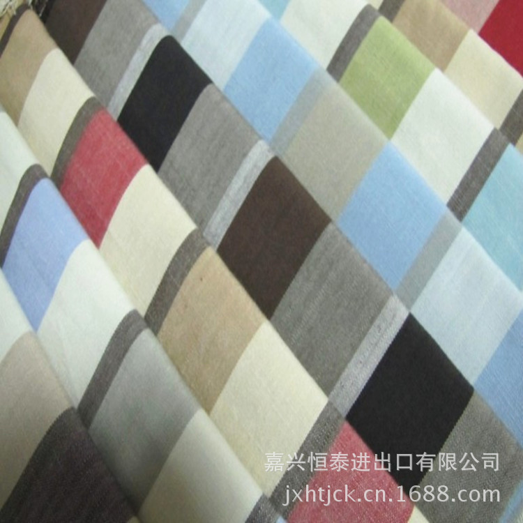 批发色织仿麻涤棉竹节布面料田园条纹沙发布艺窗帘布料PCYDF-01