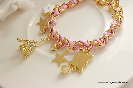 新款星星花朵桃心扑克牌皮绳埃菲尔铁塔水晶手链5