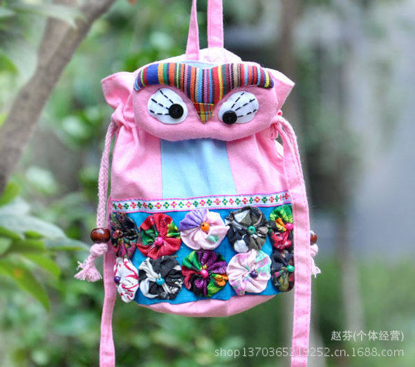 梅花猫头鹰收口桶包手提斜挎两用布包