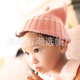 韩版 秋冬季 牛角造型 恶魔角猫耳朵儿童毛线帽 亲子帽 套头帽子