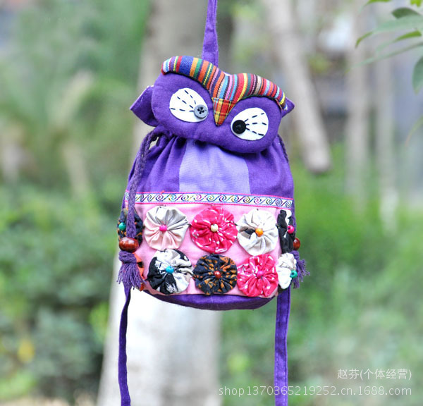 梅花猫头鹰收口桶包手提斜挎两用布包
