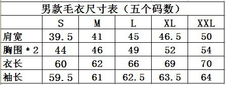 毛衣五個碼數的尺寸表