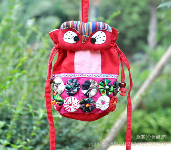 梅花猫头鹰收口桶包手提斜挎两用布包