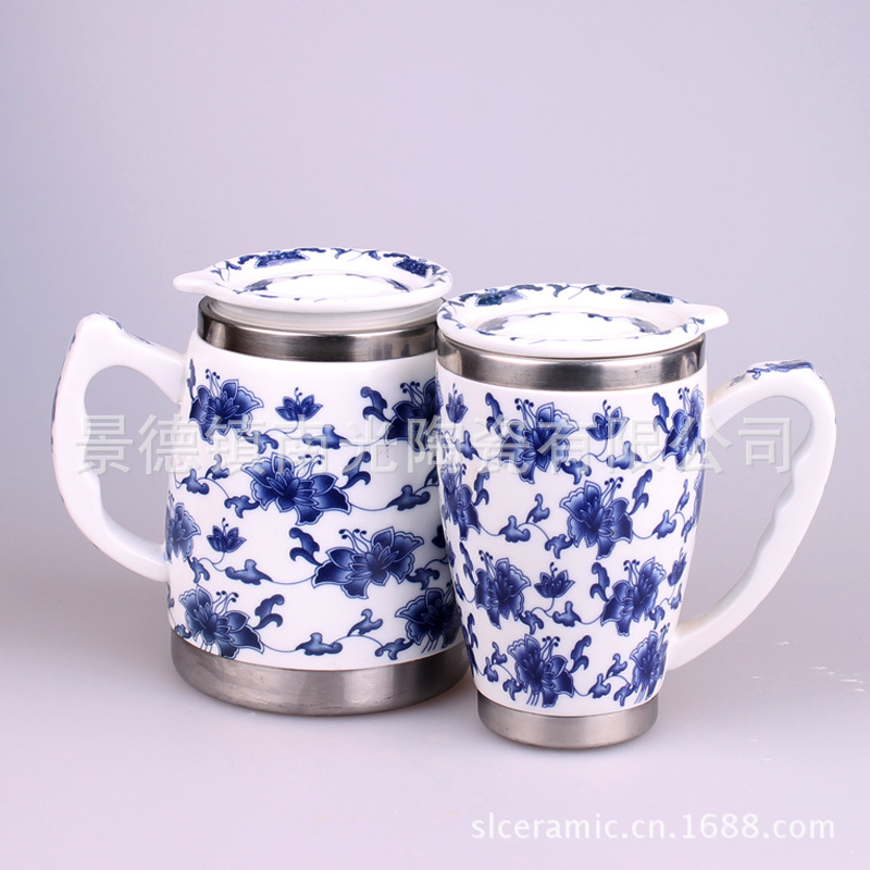 创意新款景德镇青花瓷马克杯 304不锈钢陶瓷保温杯定制商务礼品