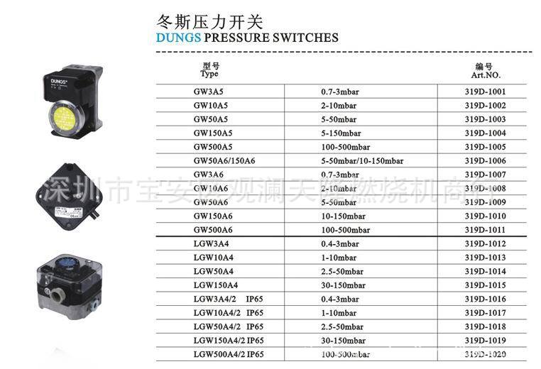 销售德国DUNGS冬斯牌GW系列LGW系列燃气空气压力开关