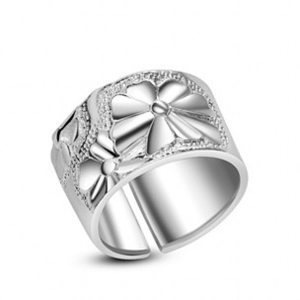 480045【精品银饰】活口戒指 银指环原创花草幸运四叶草扳