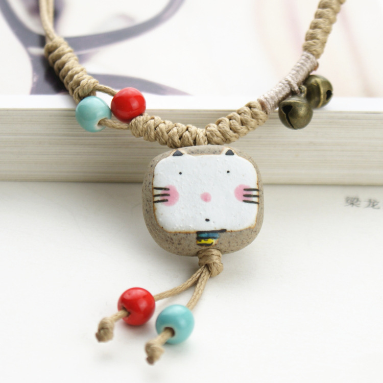 萌猫 复古风可爱搭配森女风 编织手工陶瓷情侣项链首饰品