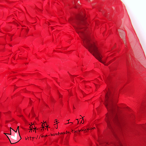 服装特价布料 大红色纯色立体花大盘花 喜庆礼服婚纱网纱蕾丝面料
