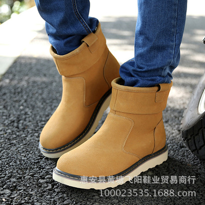 2016男士雪地靴英伦时尚中筒潮流短靴男休闲套脚真皮男靴一件代发|ms