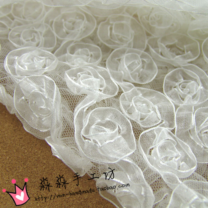 2023热销新款婚纱布料白色网纱缎带立体花盘花会场礼服网纱蕾丝