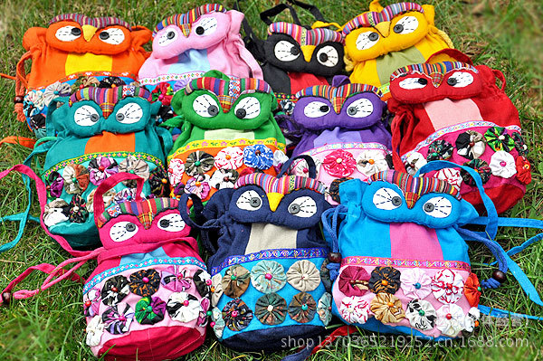 梅花猫头鹰收口桶包手提斜挎两用布包