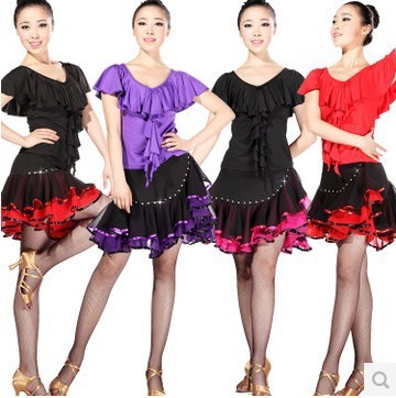 Black red purple Latin dance  dress  for women girls salsa rumba chacha ballroom dance costumes ruffles top chiffon diamond short skirt with safety pants inside