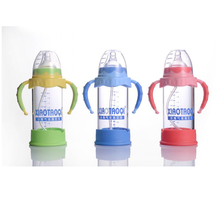 Naughty 260ML mango de color de calibre ancho botella de alimentación de vidrio resistente a la caída automática