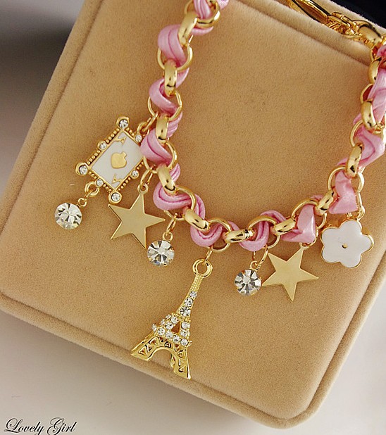 新款星星花朵桃心扑克牌皮绳埃菲尔铁塔水晶手链6