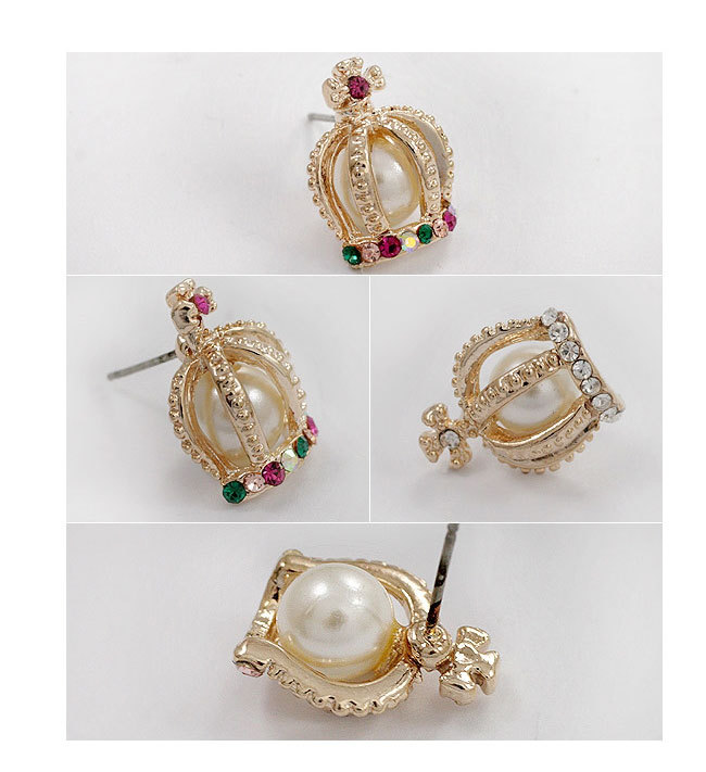 Earrings Pearl Cross Earrings Colored Diamond Crown Earrings Women's Earrings display picture 7