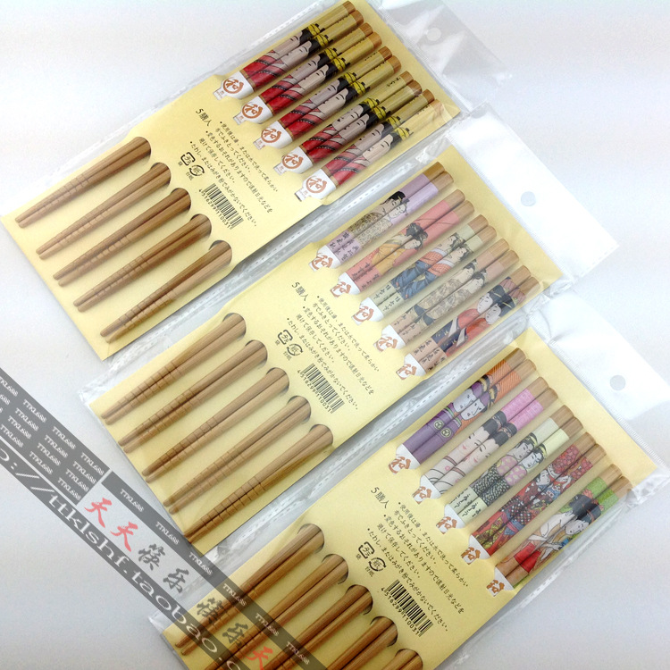 促銷多款竹製碳化袋裝五雙日本仕女圖案工藝禮品筷