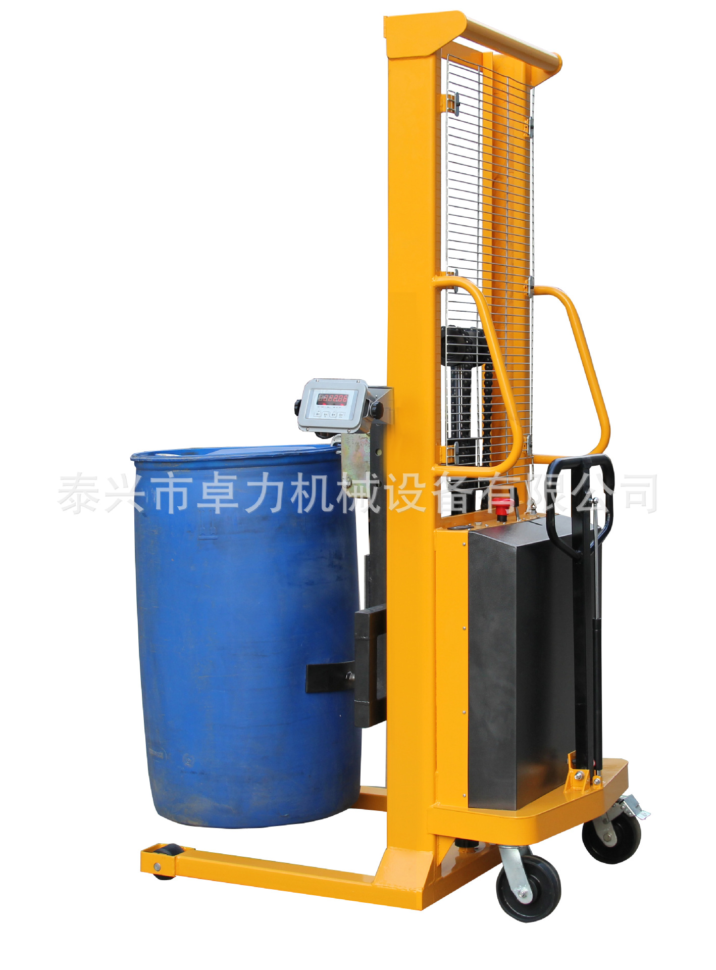 北京供应鹰嘴型带秤电动油桶堆高车,半电动油桶倒料车